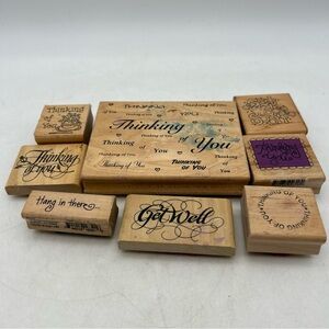 Lot Of 8 Vtg Wooden Rubber Stamps (Thinking Of You & Get Well Stamps) Used